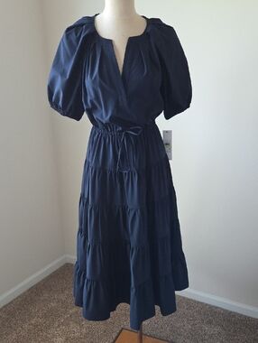 Calvin Klein Navy Tiered Midi Dress with Puff Sleeves
